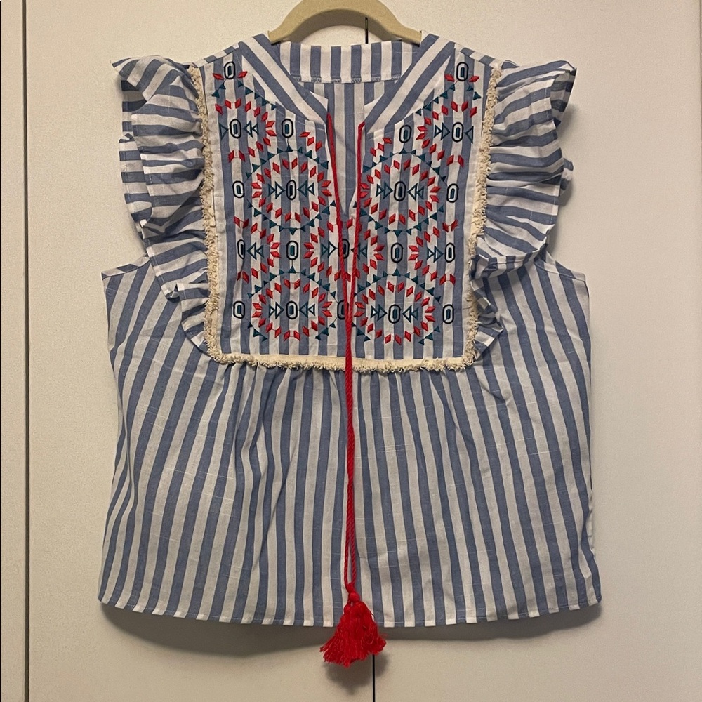 SHEIN Blue and White Striped Blouse with Red Embroidery